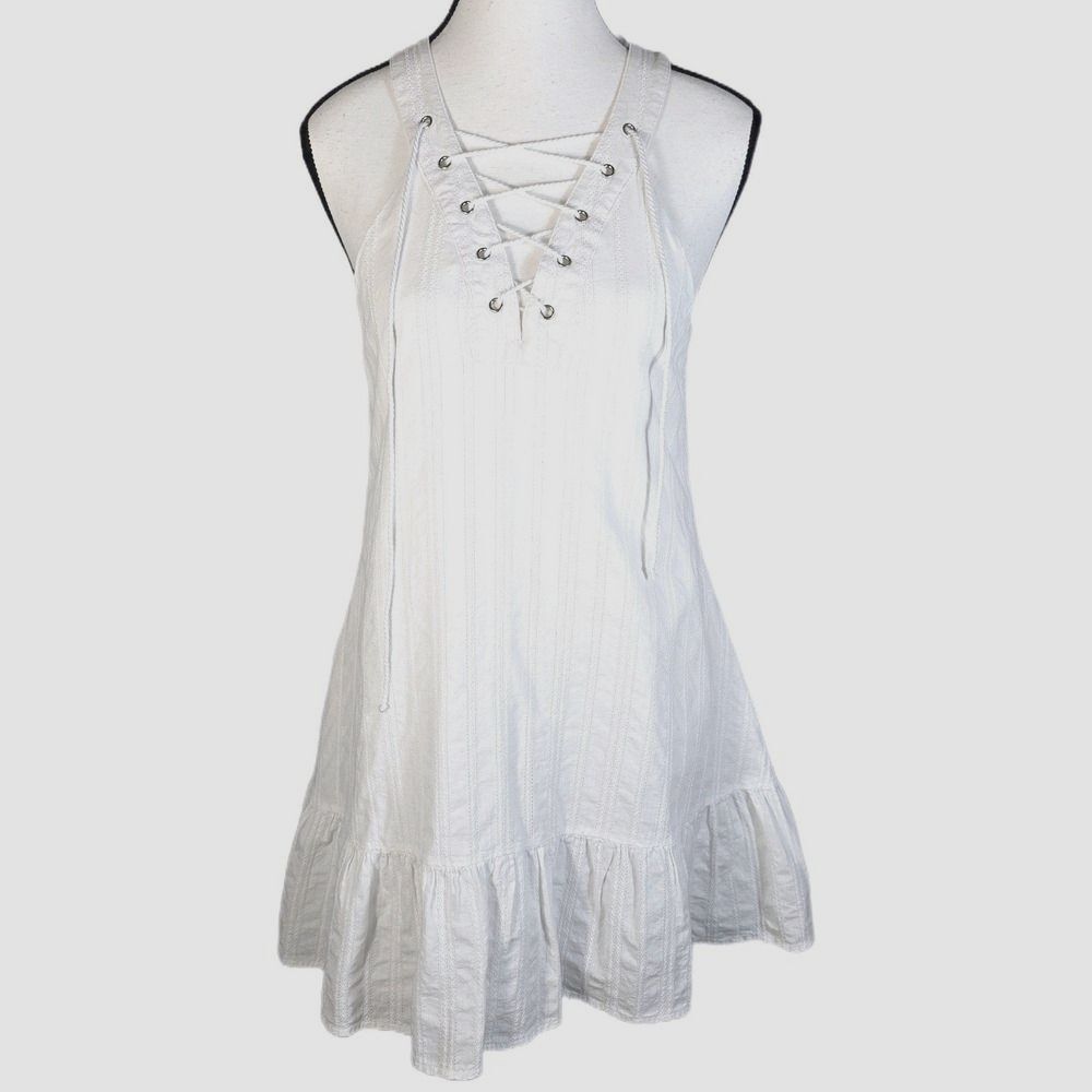 J.O.A. Los Angeles White Dress S Cotton Lace Up Halter Ruffle Mini Boho Summer